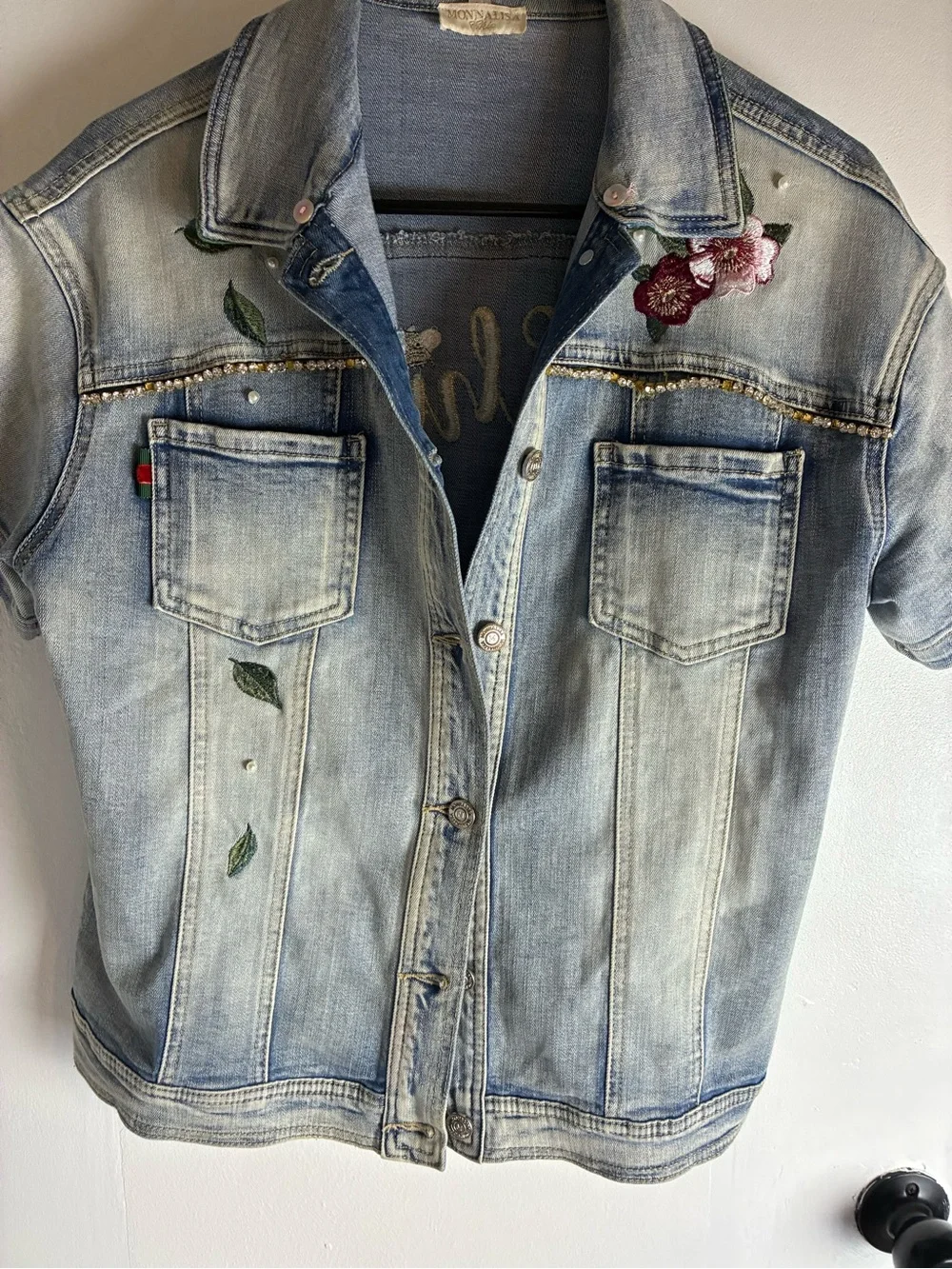 Light Wash Embroidered Floral Denim short sleeved Jacket